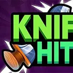Text verde și roșu cu titlul KNIFE HIT 2 pe un fundal violet, cu un cuțit stilizat lângă text