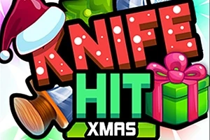 Textul KNIFE HIT XMAS în culori festive, cu un cuțit și un cadou decorativ