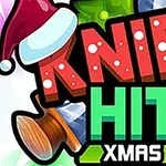 Textul KNIFE HIT XMAS în culori festive, cu un cuțit și un cadou decorativ