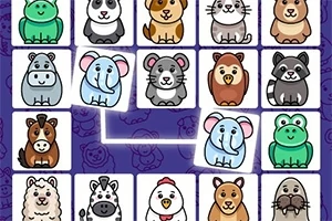 Ilustrație cu animale desenate, inclusiv pisici, elefanți, broaște și urși, aranjate în pătrate pe un fundal violet