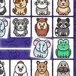 Ilustrație cu animale desenate, inclusiv pisici, elefanți, broaște și urși, aranjate în pătrate pe un fundal violet