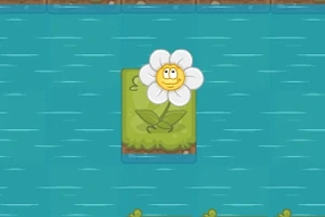 Floare albă cu față zâmbitoare pe o bucată de iarbă plutind pe apă