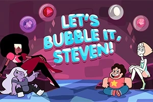 Patru personaje animate stau pe un podea albastră și se uită la textul „LETS BUBBLE IT, STEVEN!