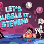 Patru personaje animate stau pe un podea albastră și se uită la textul „LETS BUBBLE IT, STEVEN!
