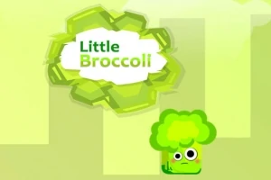 Personaj animat în formă de broccoli cu ochi mari într-un fundal verde, alături de textul Little Broccoli