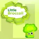Personaj animat în formă de broccoli cu ochi mari într-un fundal verde, alături de textul Little Broccoli