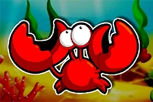 Crab animat roșu cu ochi mari și clești ridicați pe un fundal acvatic colorat