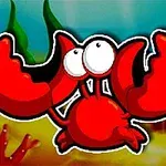 Crab animat roșu cu ochi mari și clești ridicați pe un fundal acvatic colorat