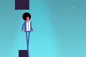 Un personaj stilizat cu păr afro, îmbrăcat în costum albastru, stă pe o platformă neagră într-un fundal albastru deschis cu puncte albe