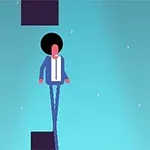 Un personaj stilizat cu păr afro, îmbrăcat în costum albastru, stă pe o platformă neagră într-un fundal albastru deschis cu puncte albe