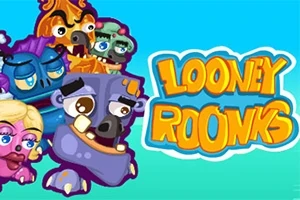 Personaje animate colorate și expresive pe fundal albastru, alături de textul Looney Roonks