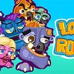 Personaje animate colorate și expresive pe fundal albastru, alături de textul Looney Roonks