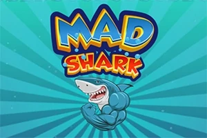 Ilustrație cu un rechin musculos și textul MAD SHARK pe un fundal albastru cu raze