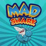 Ilustrație cu un rechin musculos și textul MAD SHARK pe un fundal albastru cu raze