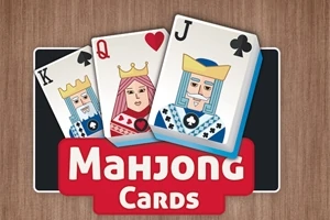 Trei cărți de joc cu regi și o regină, cu un fundal din lemn și textul Mahjong Cards în partea de jos