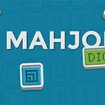 Text alb MAHJONG DIGITAL pe un fundal albastru, cu simboluri colorate