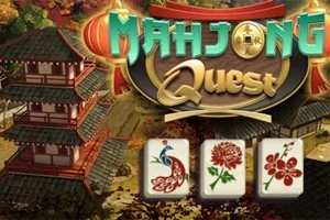 Un templu tradițional asiatic și trei piese de mahjong cu desene florale și de păun
