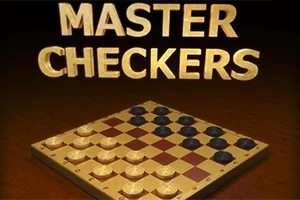 Textul Master Checkers deasupra unei table de dame cu piese negre și albe, pe un fundal întunecat