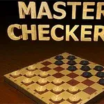 Textul Master Checkers deasupra unei table de dame cu piese negre și albe, pe un fundal întunecat