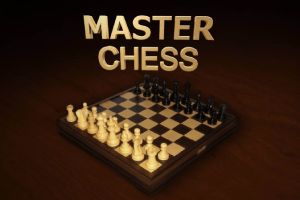 Tabla de șah cu piese albe și negre aranjate pentru un nou joc, având textul MASTER CHESS deasupra
