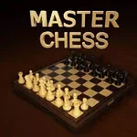 Tabla de șah cu piese albe și negre aranjate pentru un nou joc, având textul MASTER CHESS deasupra