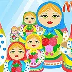 Multiple păpuși Matrioșka colorate, așezate pe un fundal albastru deschis cu model geometric