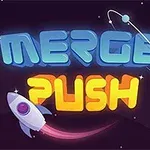Text stilizat MERGE PUSH pe un fundal spațial cu o rachetă și elemente de cosmos