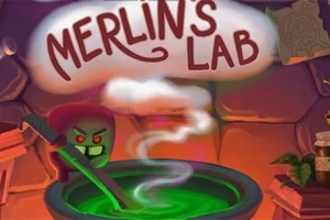 Un personaj animat furios amestecă un lichid verde într-un cazan mare, cu un fundal de laborator magic și nor alb în formă de nor scris MERLINS LAB