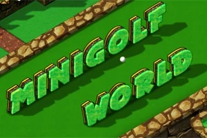 Textul „MINIGOLF WORLD” redat în litere verzi tridimensionale pe un fundal de teren de minigolf cu margini de piatră