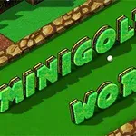 Textul „MINIGOLF WORLD” redat în litere verzi tridimensionale pe un fundal de teren de minigolf cu margini de piatră