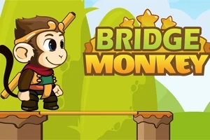Un maimuțoi desenat așteaptă pe o platformă lângă un pod în construcție, cu textul Bridge Monkey deasupra