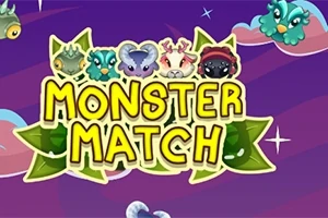 Textul Monster Match înconjurat de desene colorate cu creaturi fantastice pe un fundal de noapte înstelat