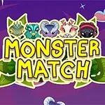 Textul Monster Match înconjurat de desene colorate cu creaturi fantastice pe un fundal de noapte înstelat