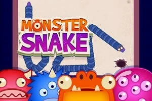 Un șarpe albastru format din segmente se mișcă pe fundal, înconjurat de figuri animate colorate cu ochi mari și textul Monster Snake suprapus în partea de sus