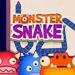 Un șarpe albastru format din segmente se mișcă pe fundal, înconjurat de figuri animate colorate cu ochi mari și textul Monster Snake suprapus în partea de sus