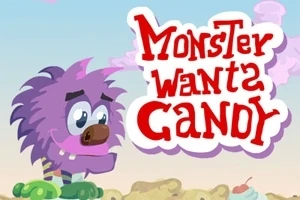 Un monstru roz și pufos cu ochi mari stă pe un fundal colorat alături de textul Monster Wants Candy