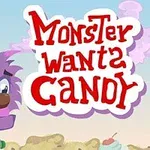 Un monstru roz și pufos cu ochi mari stă pe un fundal colorat alături de textul Monster Wants Candy