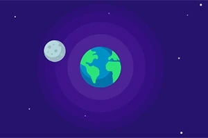 Planeta Pământ și Luna înconjurate de un cer plin de stele într-un fundal albastru închis