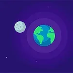 Planeta Pământ și Luna înconjurate de un cer plin de stele într-un fundal albastru închis