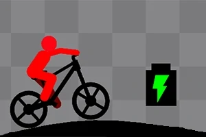 Siluetă roșie a unei persoane pe bicicletă, îndreptându-se spre o iconiță verde de baterie cu un fulger, pe un fundal pătrat gri