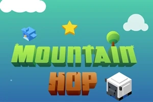 Logo colorat cu text 3D Mountain Hop, stea galbenă, pasăre albastră, copac și oaie cubică pe fundal albastru-verzui