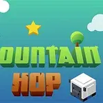 Logo colorat cu text 3D Mountain Hop, stea galbenă, pasăre albastră, copac și oaie cubică pe fundal albastru-verzui