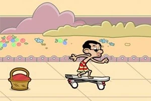 Personaj animat pe o placă de skateboard lângă un coș, pe un traseu cu flori și dealuri în fundal