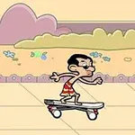 Personaj animat pe o placă de skateboard lângă un coș, pe un traseu cu flori și dealuri în fundal