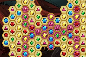 Dispunere de piese hexagonale colorate cu forme de bijuterii în roșu, albastru, verde și galben pe un fundal cu motive simple