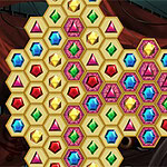 Dispunere de piese hexagonale colorate cu forme de bijuterii în roșu, albastru, verde și galben pe un fundal cu motive simple
