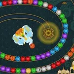 Un elefant stilizat în centru trage o bilă colorată spre un șir de bile colorate în mișcare pe un fundal decorat cu elemente arhitecturale