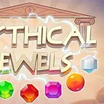 Textul Mythical Jewels înconjurat de simboluri colorate și un fundal cu elemente arhitecturale