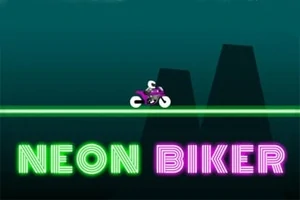 Un motociclist pe o pistă neon cu textul „Neon Biker” în culori strălucitoare pe fundal