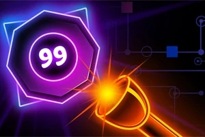 O formă geometrică cu numărul 99 pe un fundal albastru și violet, și un obiect portocaliu strălucitor în colțul din dreapta jos